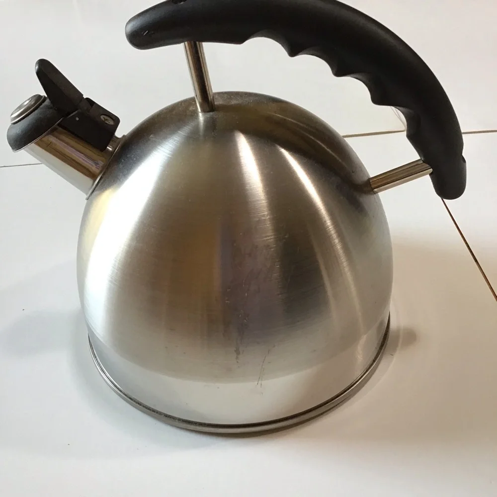 Tea Kettle 2.5 Qt Stainless Steel Whistling Stovetop Kitchen Black Silvertone